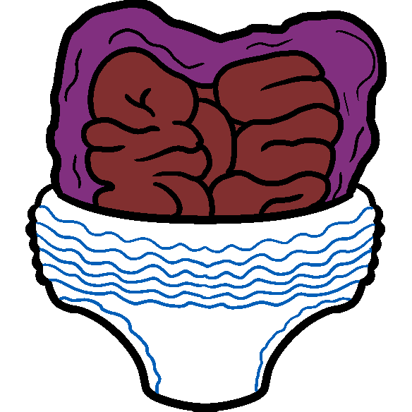 The small and large intestines made to look they are wearing a diaper.